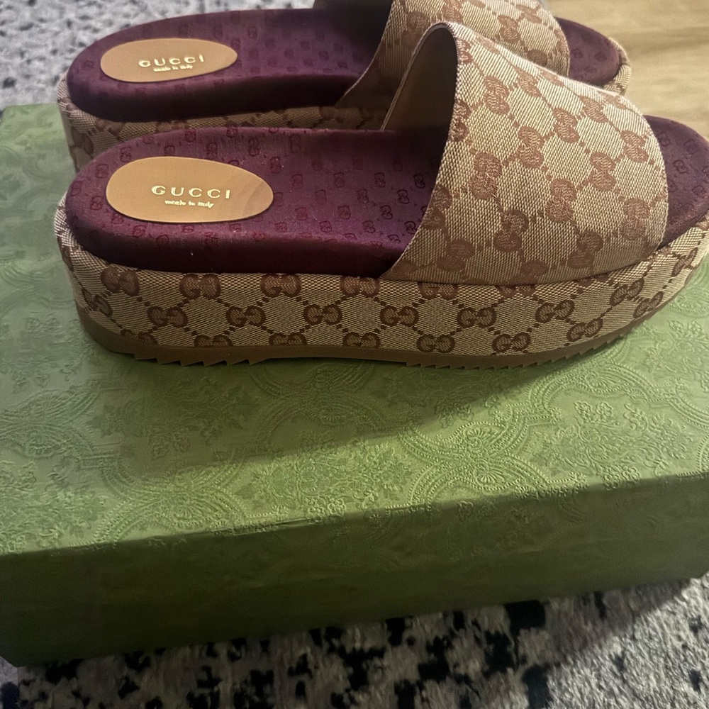 Gucci Tan and Purple Platform Sandals